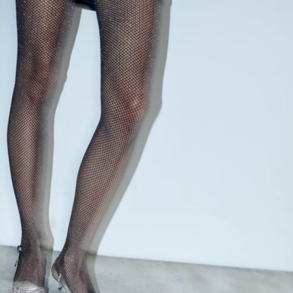 NWOT. Zara Black Mesh Tights with Metallic Thread. Size S. - Picture 2 of 8